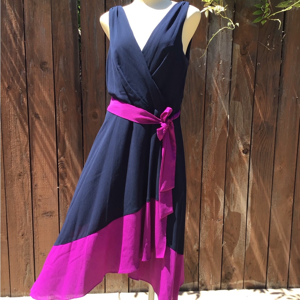 DKNY Asymmetrical Blue and Fuchsia Wrap Sundress Item #097